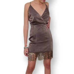 Lovers + Friends Revolve Dress Beaded Fringe Mini Dress Shimmery Brown XS NWOT